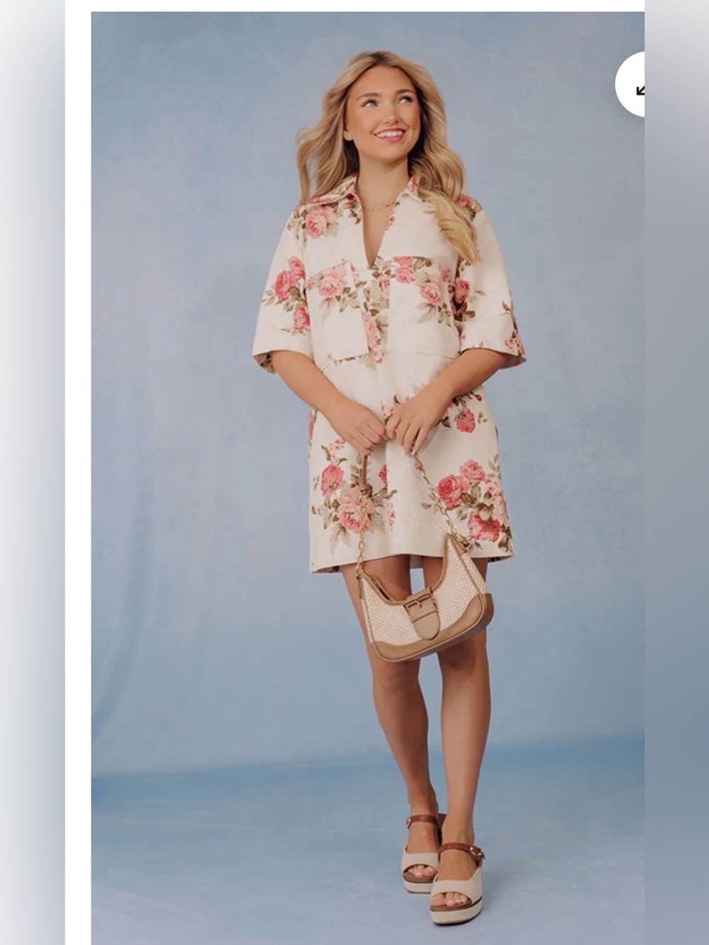 New Oliviaceous Denim Floral Shirt Dress in Cream and Pink Small